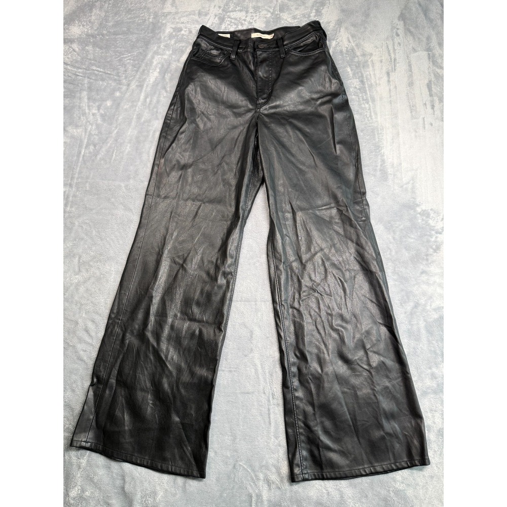 Levi's 70s High Flared Leg Pants Womens 28 Black Stretch Faux Leather Mid Rise